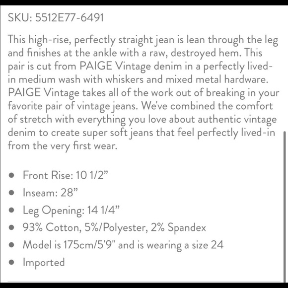 PAIGE DESTROYED HEM MEDIUM WASH JEANS SIZE 26 - Picture 3 of 4